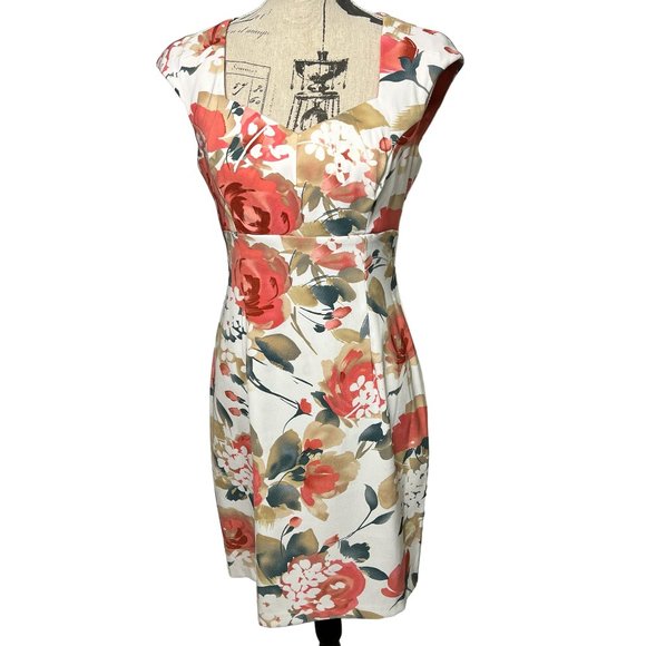 connected apparel Dresses & Skirts - Connected Orange Floral Sheath Dress Size 8 Sweetheart Neckline Sleeveless